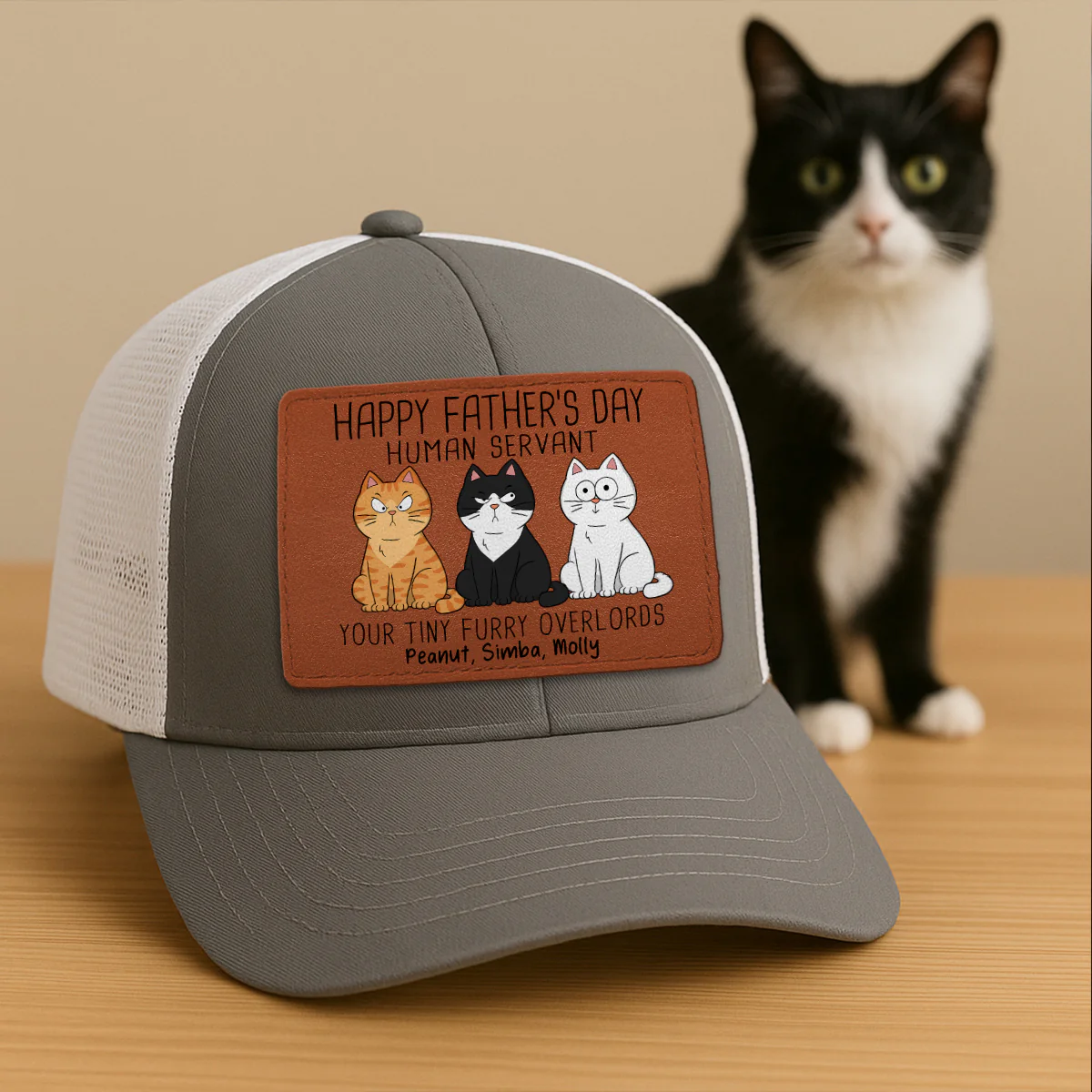 Happy Father‘s Day Human Servant Funny Cute Cats Personalized Leather Patch Hat, Gift For Cat Dad - Image 6
