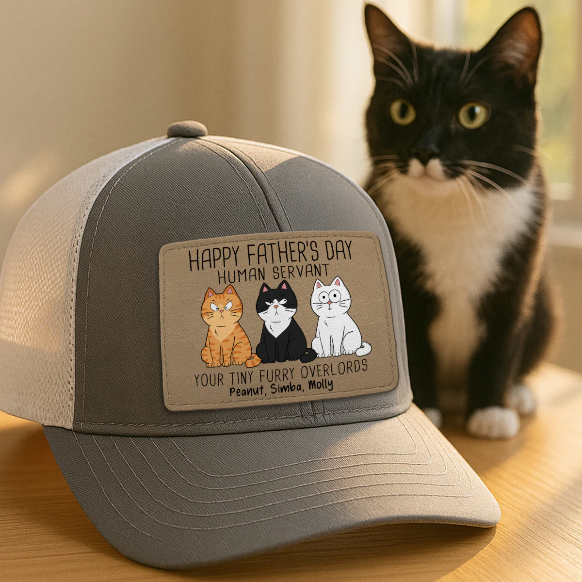 Happy Father‘s Day Human Servant Funny Cute Cats Personalized Leather Patch Hat, Gift For Cat Dad - Image 7