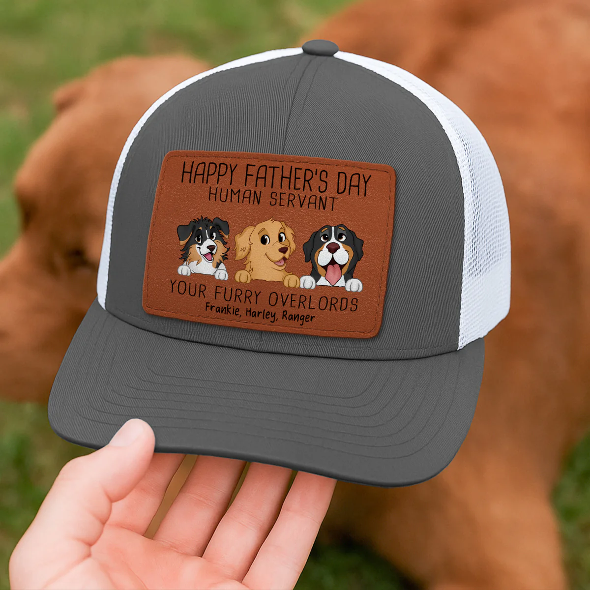 Happy Father‘s Day Human Servant Funny Cute Dogs Personalized Leather Patch Hat, Gift For Dog Dad - Image 2