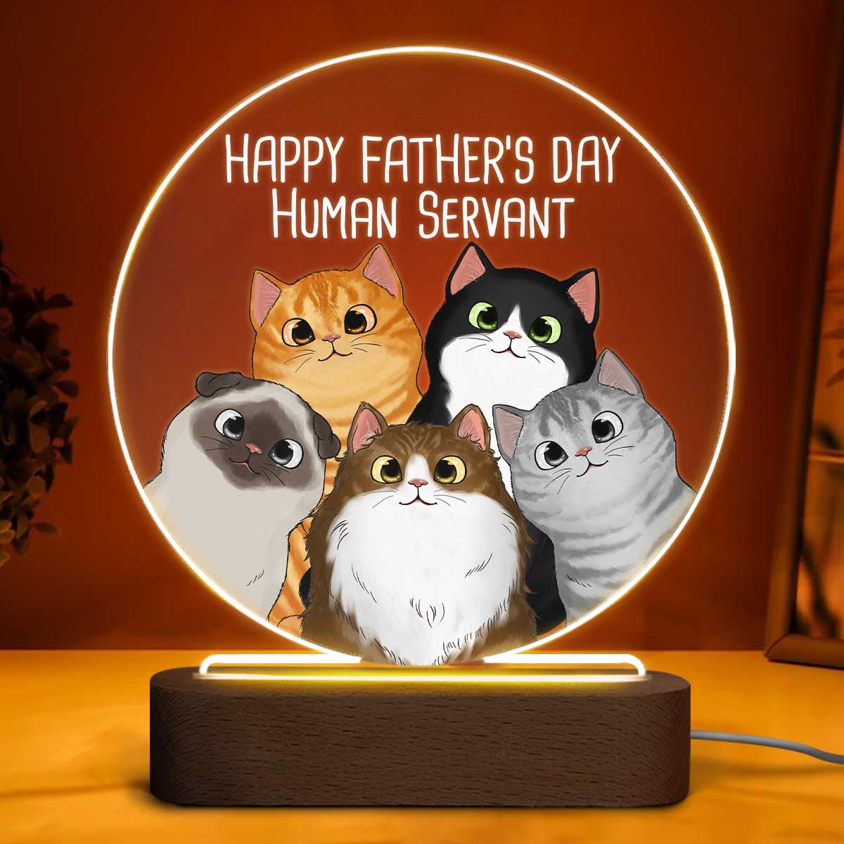 Happy Father‘s Day Human Servant Peeking Fluffy Cats Personalized Circle Acrylic Plaque LED Night Light - Image 3