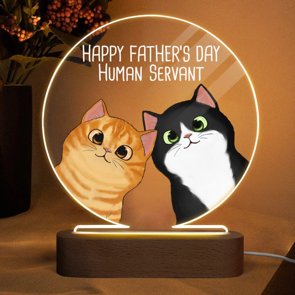 Happy Father‘s Day Human Servant Peeking Fluffy Cats Personalized Circle Acrylic Plaque LED Night Light - Image 4