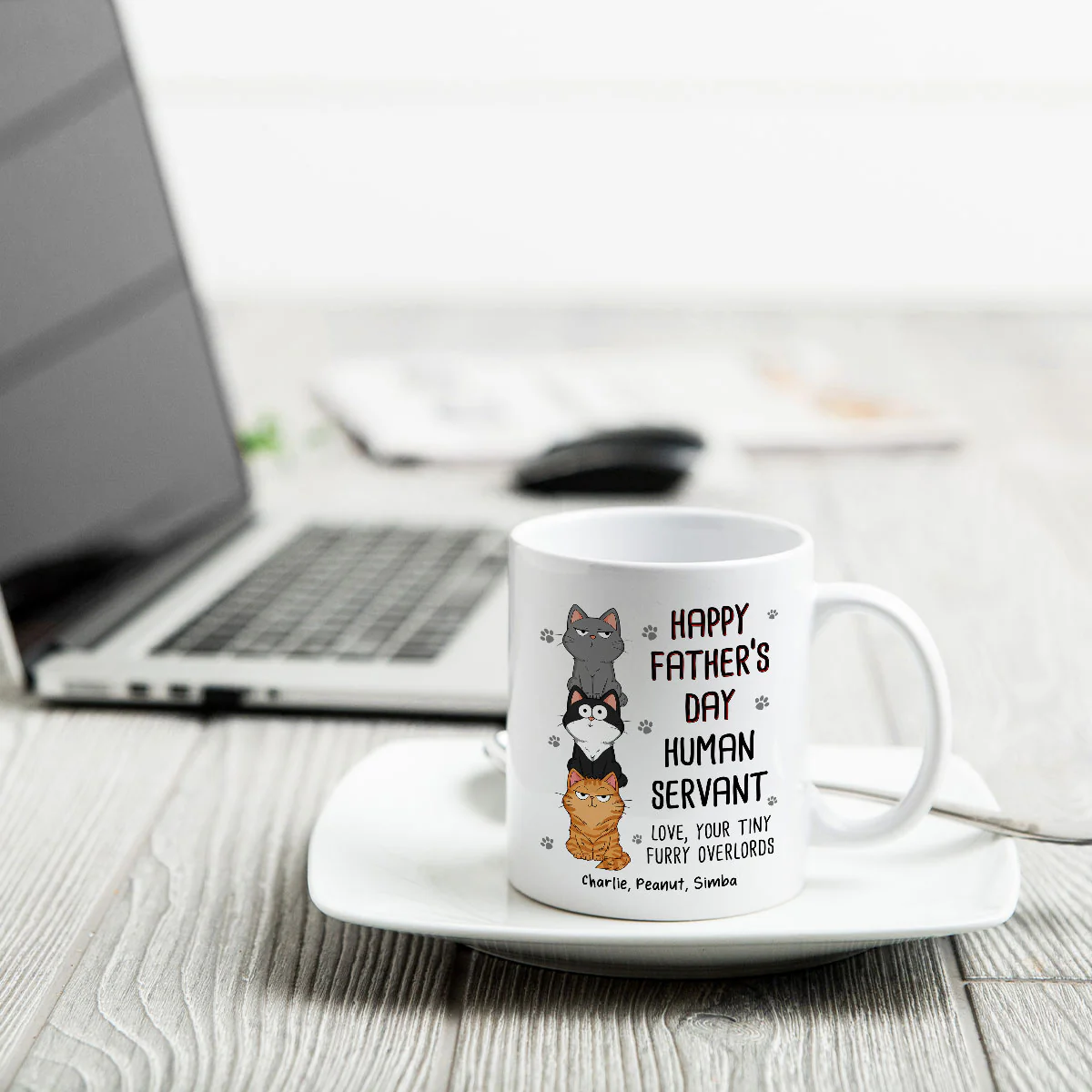 Happy Father‘s Day Human Servant Stacked Cats Funny Gift For Cat Lover Personalized Mug - Image 4