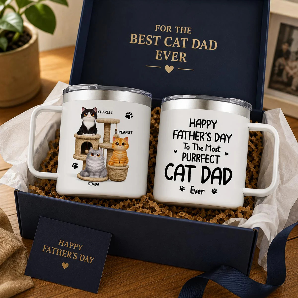 Happy Father's Day To The Most Purrfect Cat Dad Cute Cats On Cat Tree - Personalized Stainless Steel Tumbler With Handle - Father's Day Gift For Cat Dad - Image 2