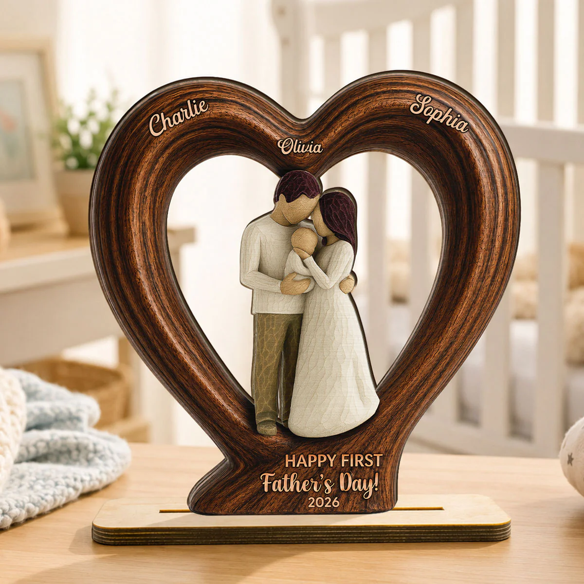 Happy First  Dad From Mom And Baby 2D Flat Heart - Personalized 2-Layered Wooden Plaque - Heartfelt  Gift For Husband, New Dad