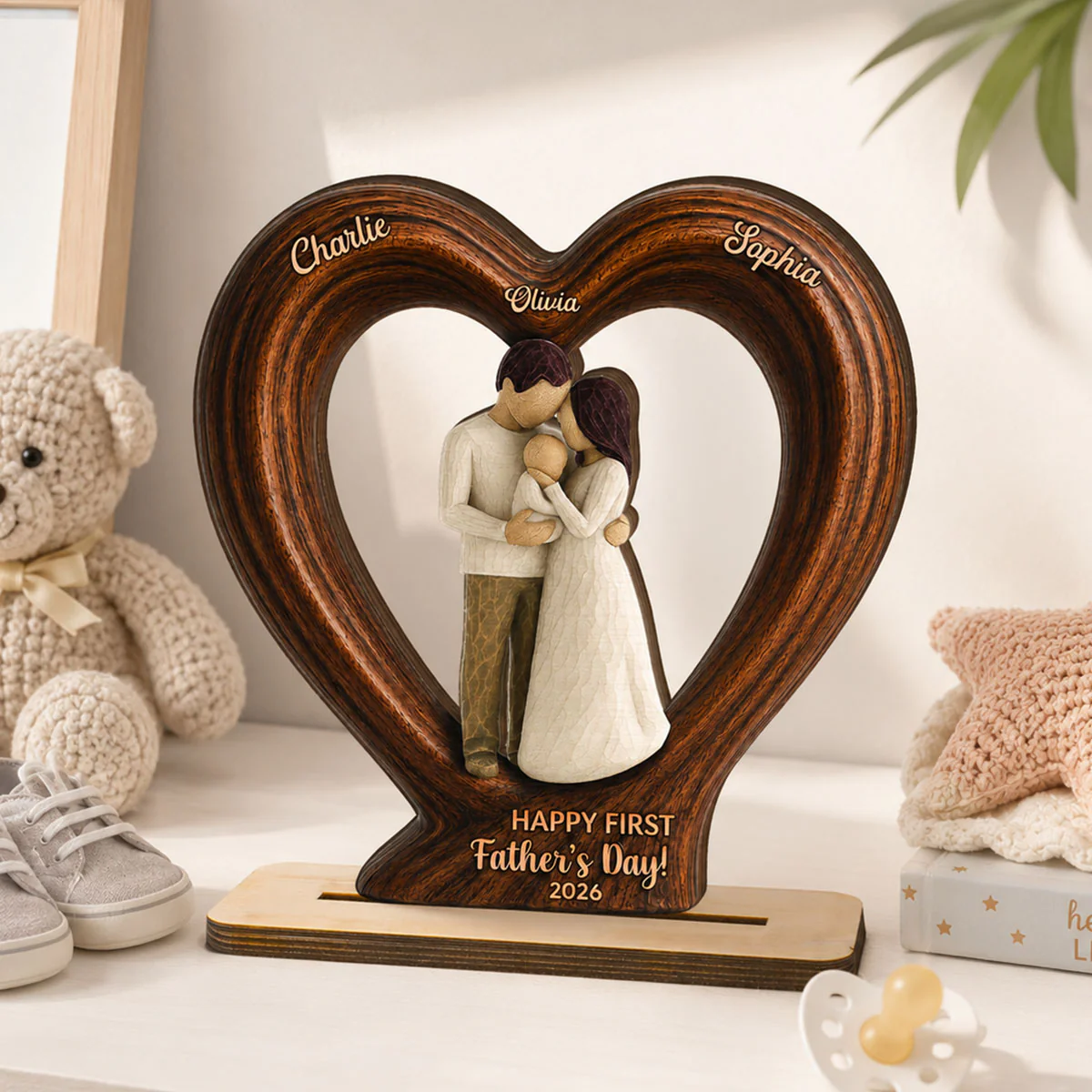 Happy First  Dad From Mom And Baby 2D Flat Heart - Personalized 2-Layered Wooden Plaque - Heartfelt  Gift For Husband, New Dad - Image 2