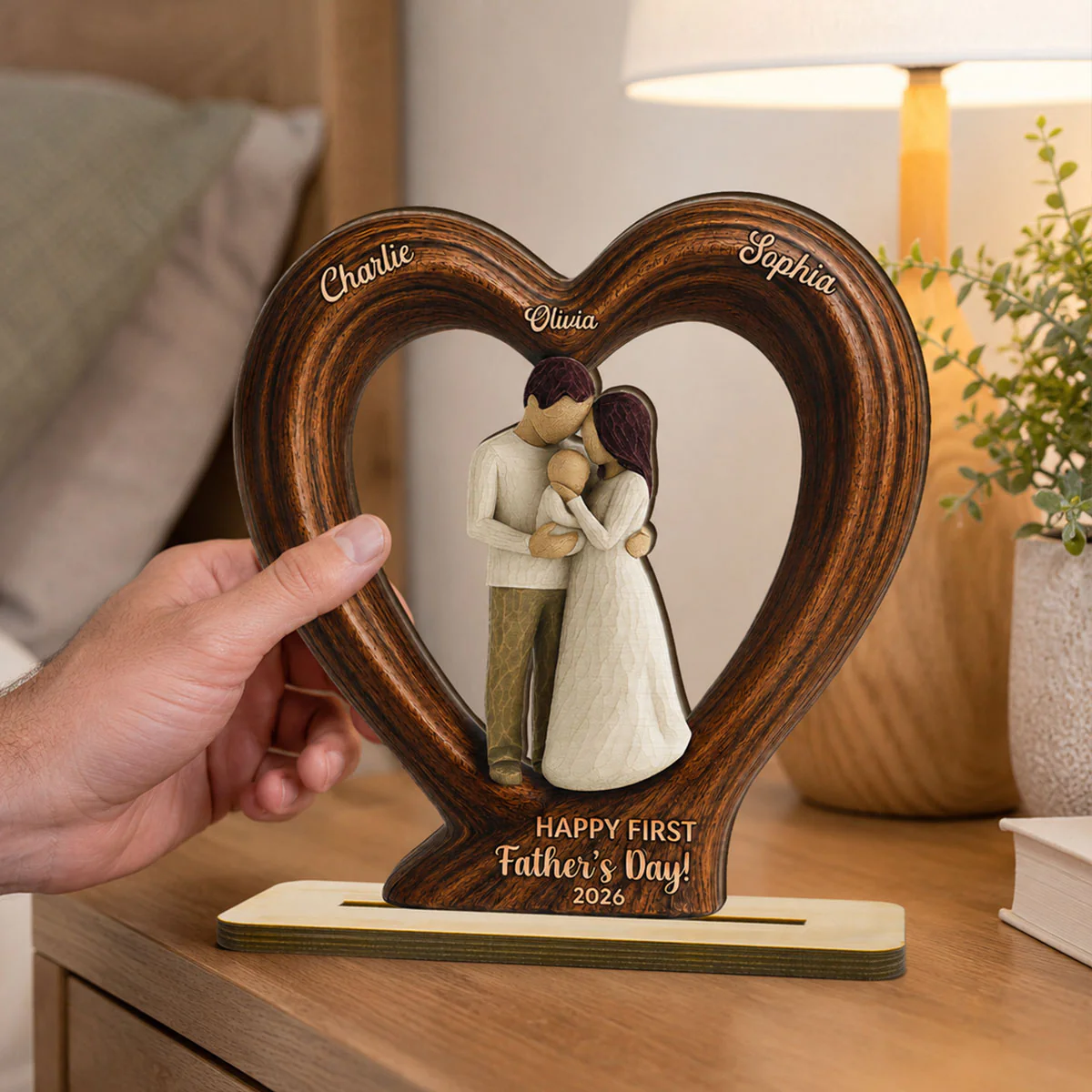 Happy First  Dad From Mom And Baby 2D Flat Heart - Personalized 2-Layered Wooden Plaque - Heartfelt  Gift For Husband, New Dad - Image 3