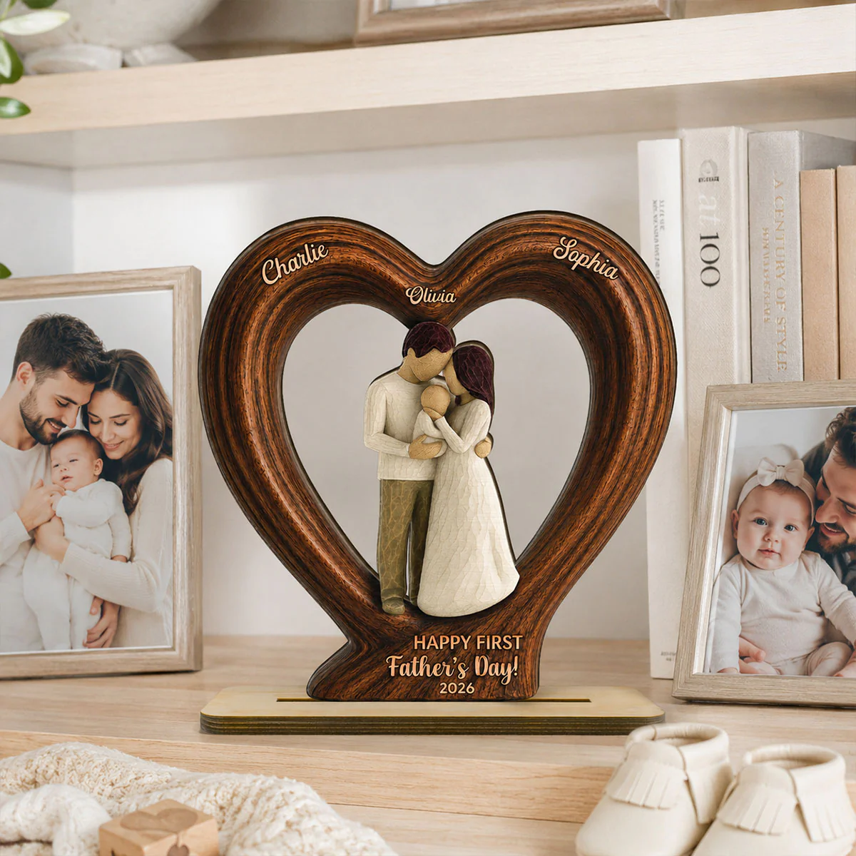 Happy First  Dad From Mom And Baby 2D Flat Heart - Personalized 2-Layered Wooden Plaque - Heartfelt  Gift For Husband, New Dad - Image 4