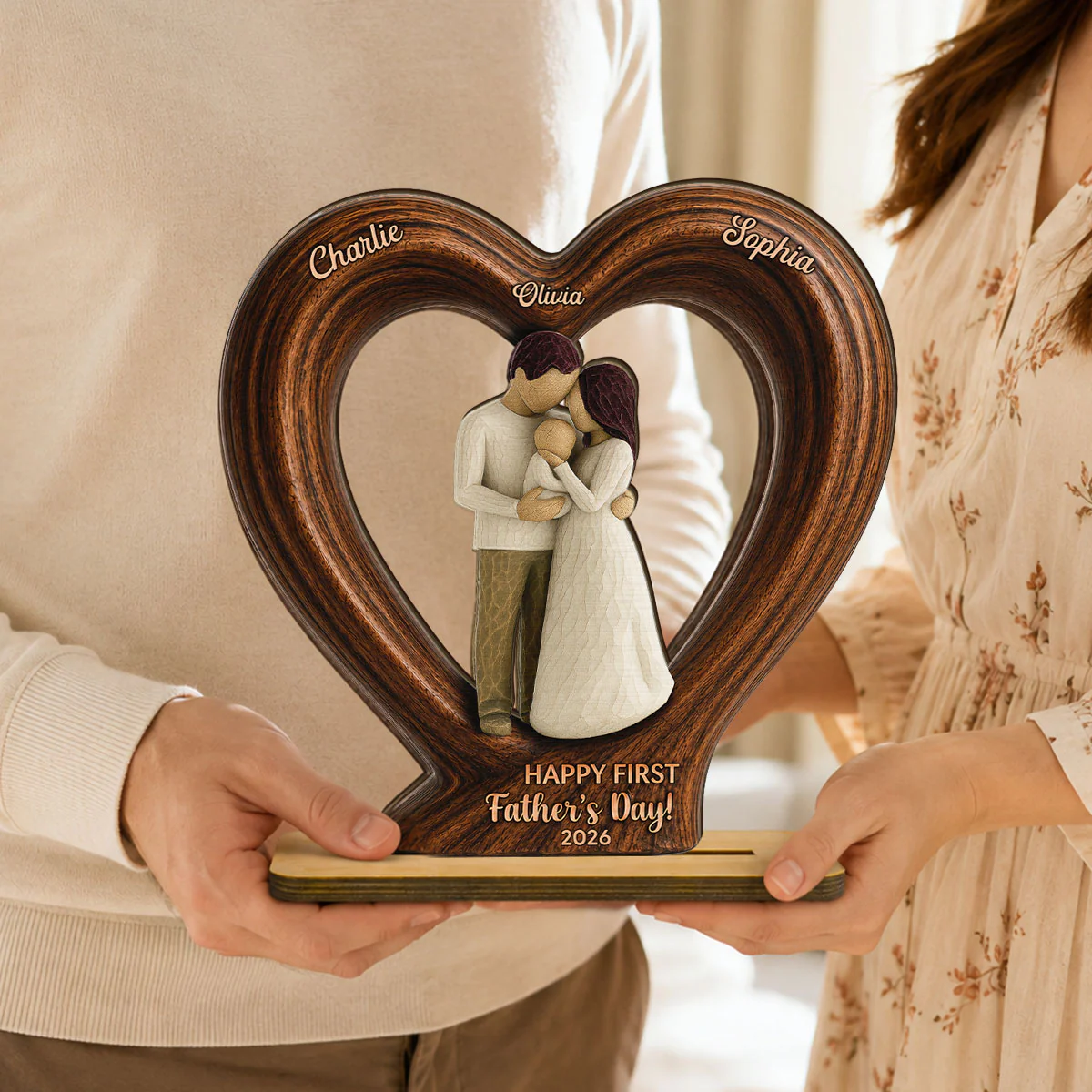 Happy First  Dad From Mom And Baby 2D Flat Heart - Personalized 2-Layered Wooden Plaque - Heartfelt  Gift For Husband, New Dad - Image 5