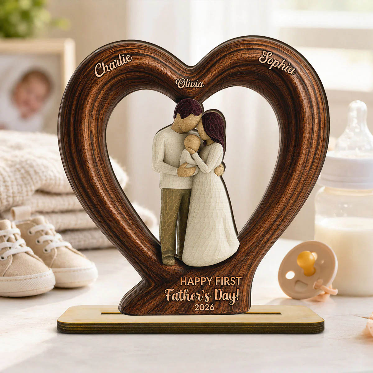 Happy First  Dad From Mom And Baby 2D Flat Heart - Personalized 2-Layered Wooden Plaque - Heartfelt  Gift For Husband, New Dad - Image 6