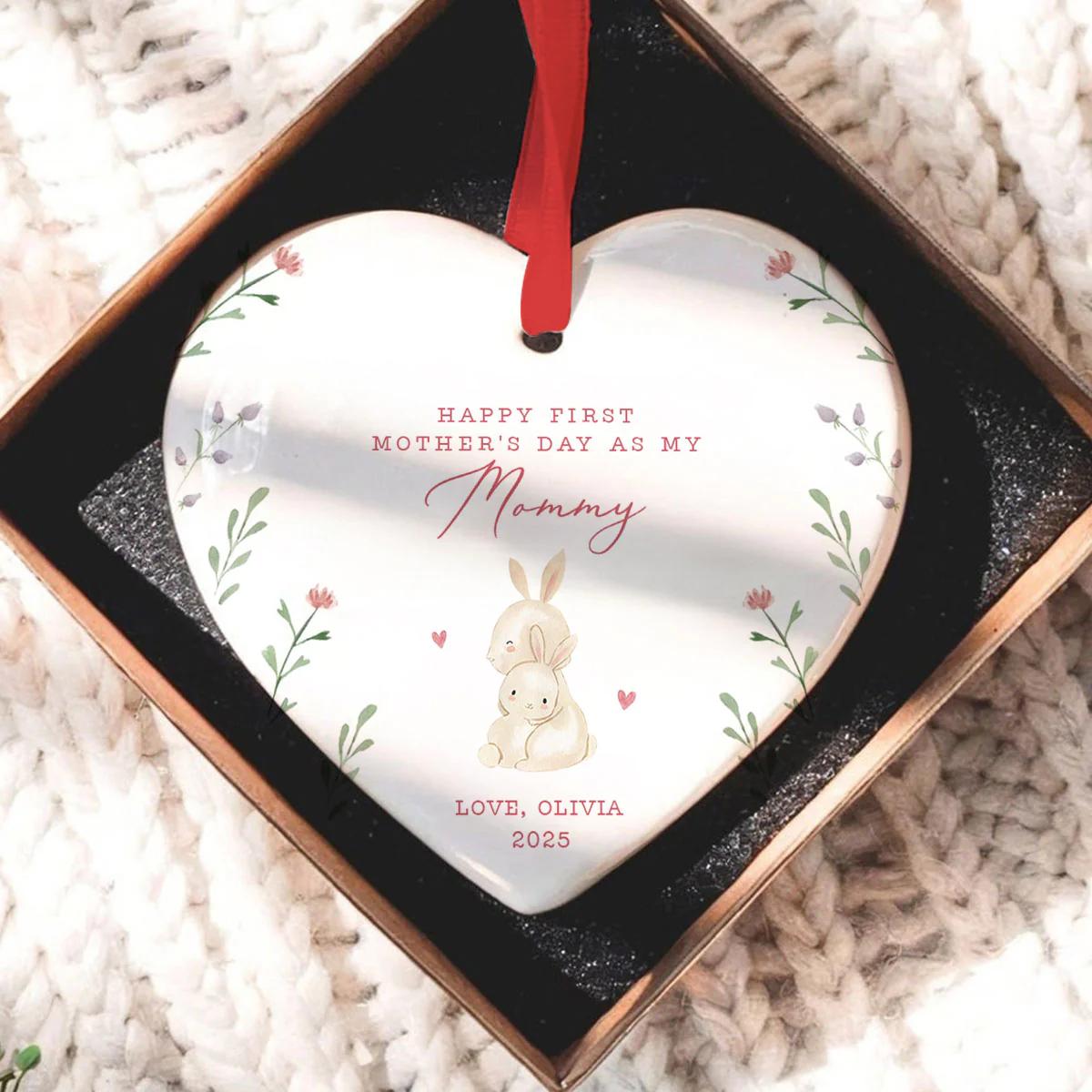 Cute Animals Personalized Heart Ceramic Ornament, Heartfelt First Gift for Mom, Gift for Grandma - Image 3