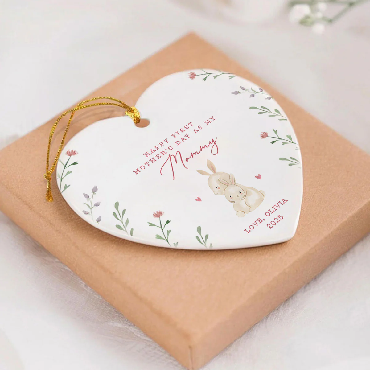 Cute Animals Personalized Heart Ceramic Ornament, Heartfelt First Gift for Mom, Gift for Grandma - Image 4