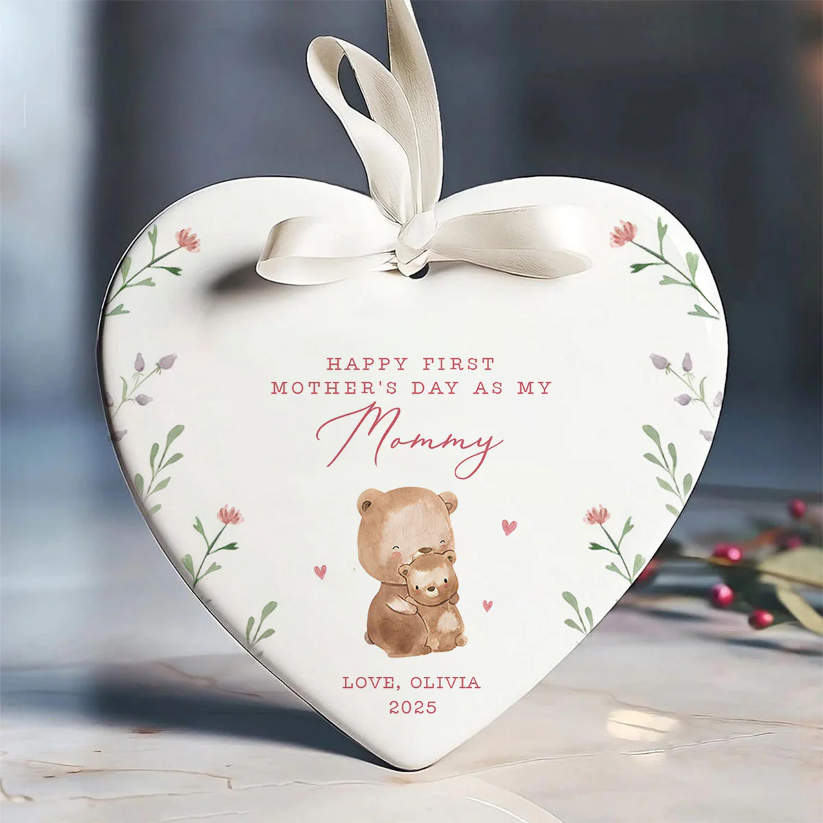 Cute Animals Personalized Heart Ceramic Ornament, Heartfelt First Gift for Mom, Gift for Grandma - Image 5