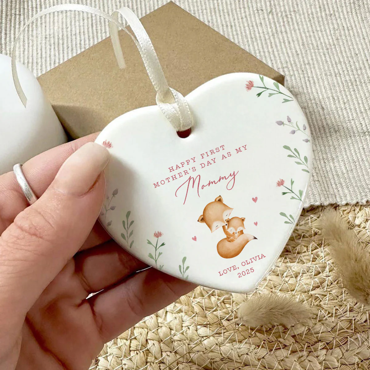 Cute Animals Personalized Heart Ceramic Ornament, Heartfelt First Gift for Mom, Gift for Grandma - Image 6