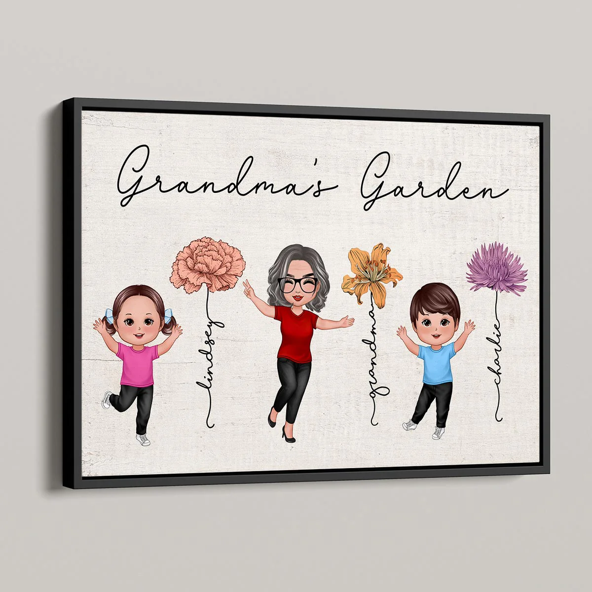 Happy Grandkids Grandma Garden Vintage Birth Month Flowers Mother‘s Day Gift Personalized Horizontal Poster