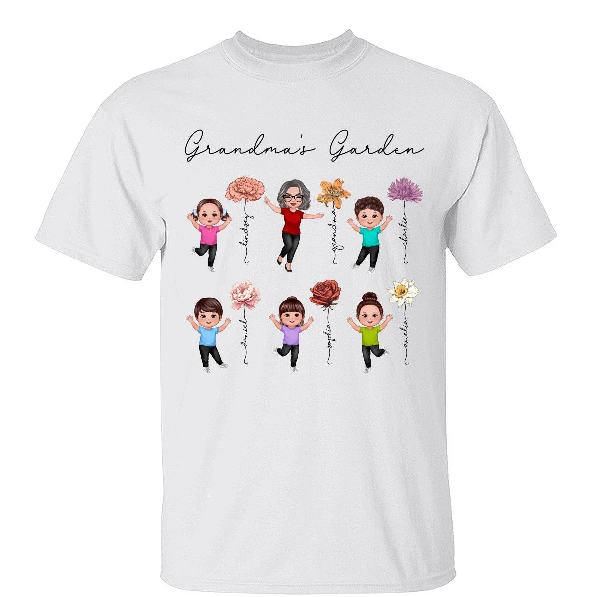 Happy Grandkids Grandma Garden Vintage Birth Month Flowers Mother‘s Day Gift Personalized Shirt