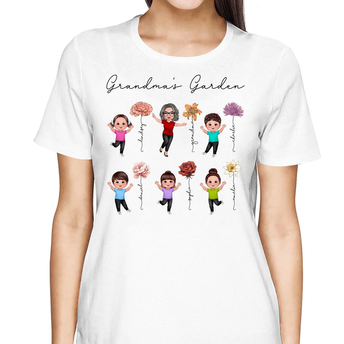 Happy Grandkids Grandma Garden Vintage Birth Month Flowers Mother‘s Day Gift Personalized Shirt - Image 2