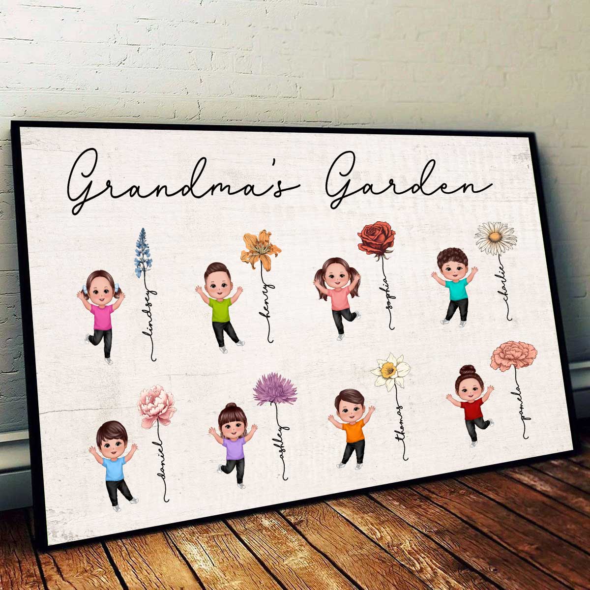 Happy Grandkids Grandma Mom Auntie Garden Vintage Birth Month Flowers Mother‘s Day Gift Personalized Horizontal Poster - Image 2