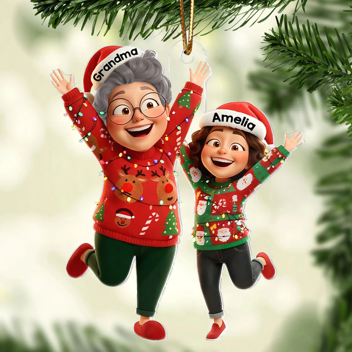 Happy Grandma Grandkid Jumping - Personalized Acrylic Ornament - Christmas Gift for Grandma, Grandkids