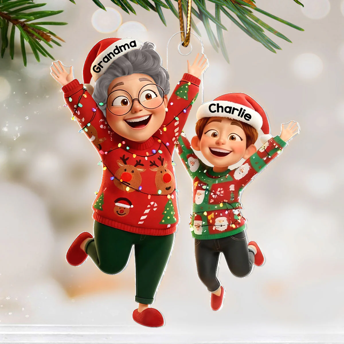 Happy Grandma Grandkid Jumping - Personalized Acrylic Ornament - Christmas Gift for Grandma, Grandkids - Image 3