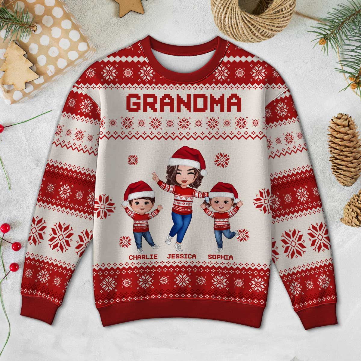 Happy Grandma Grandkids Personalized Faux Knitting Ugly Sweater, Gift For Grandma