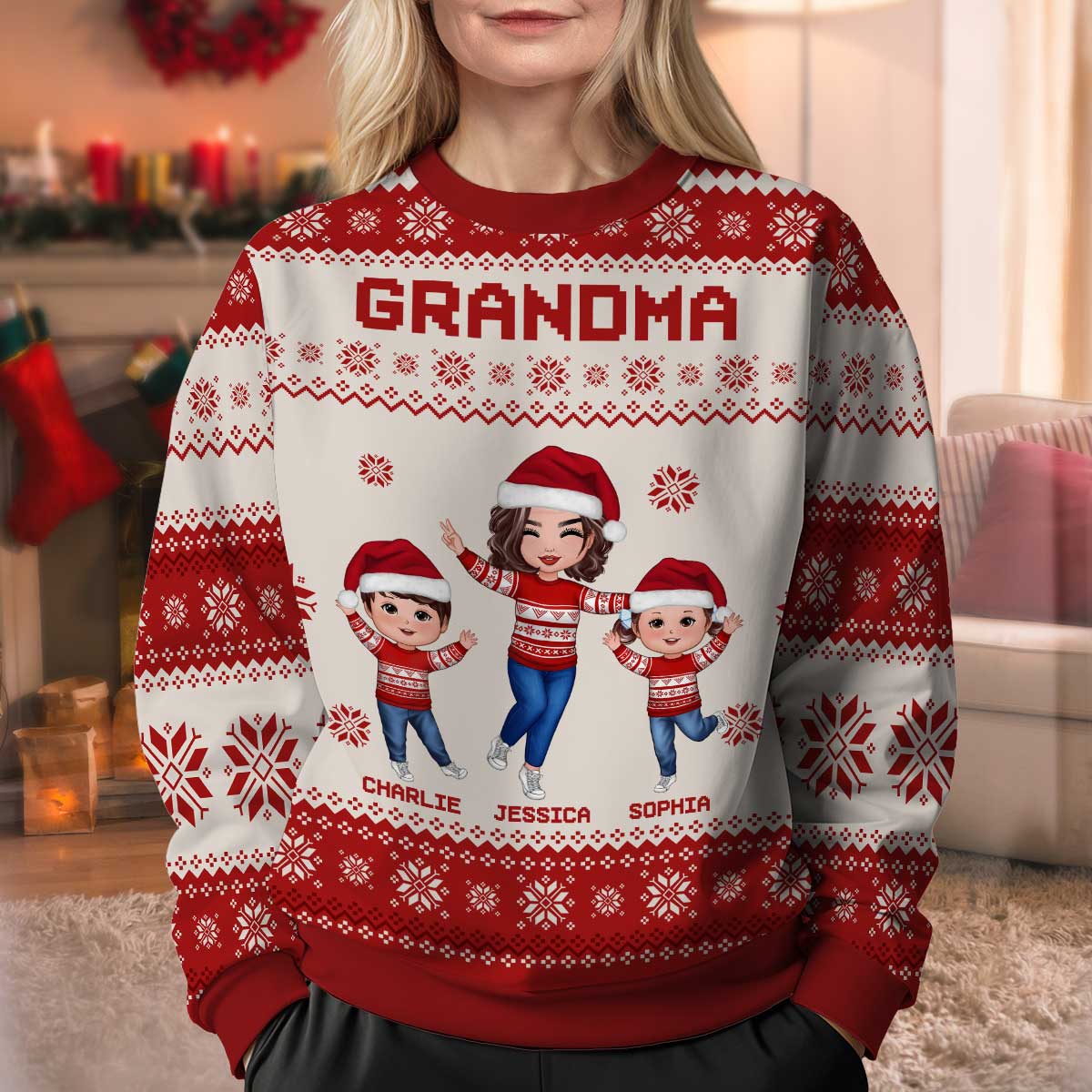 Happy Grandma Grandkids Personalized Faux Knitting Ugly Sweater, Gift For Grandma - Image 2