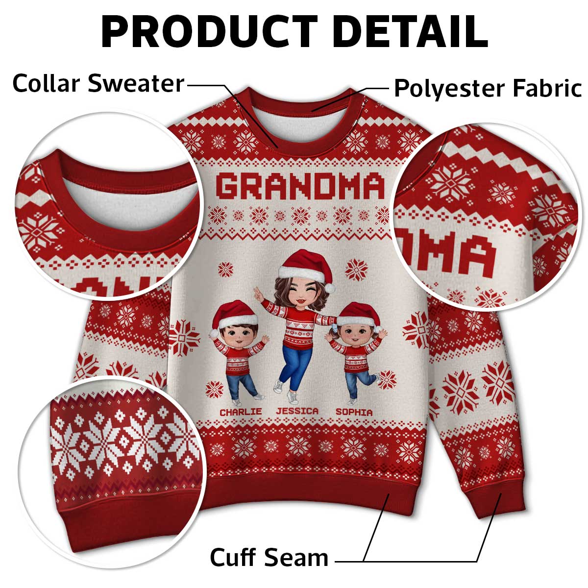 Happy Grandma Grandkids Personalized Faux Knitting Ugly Sweater, Gift For Grandma - Image 4
