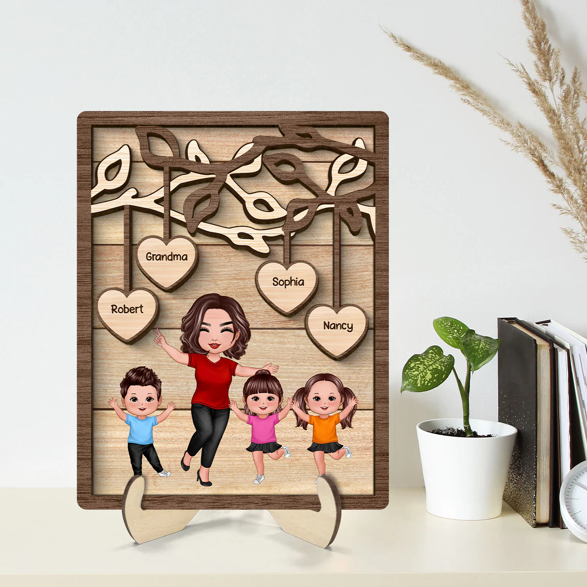 Happy Grandma Grandkids Under Tree Personalized 2-layer Wooden Plaque - Image 2
