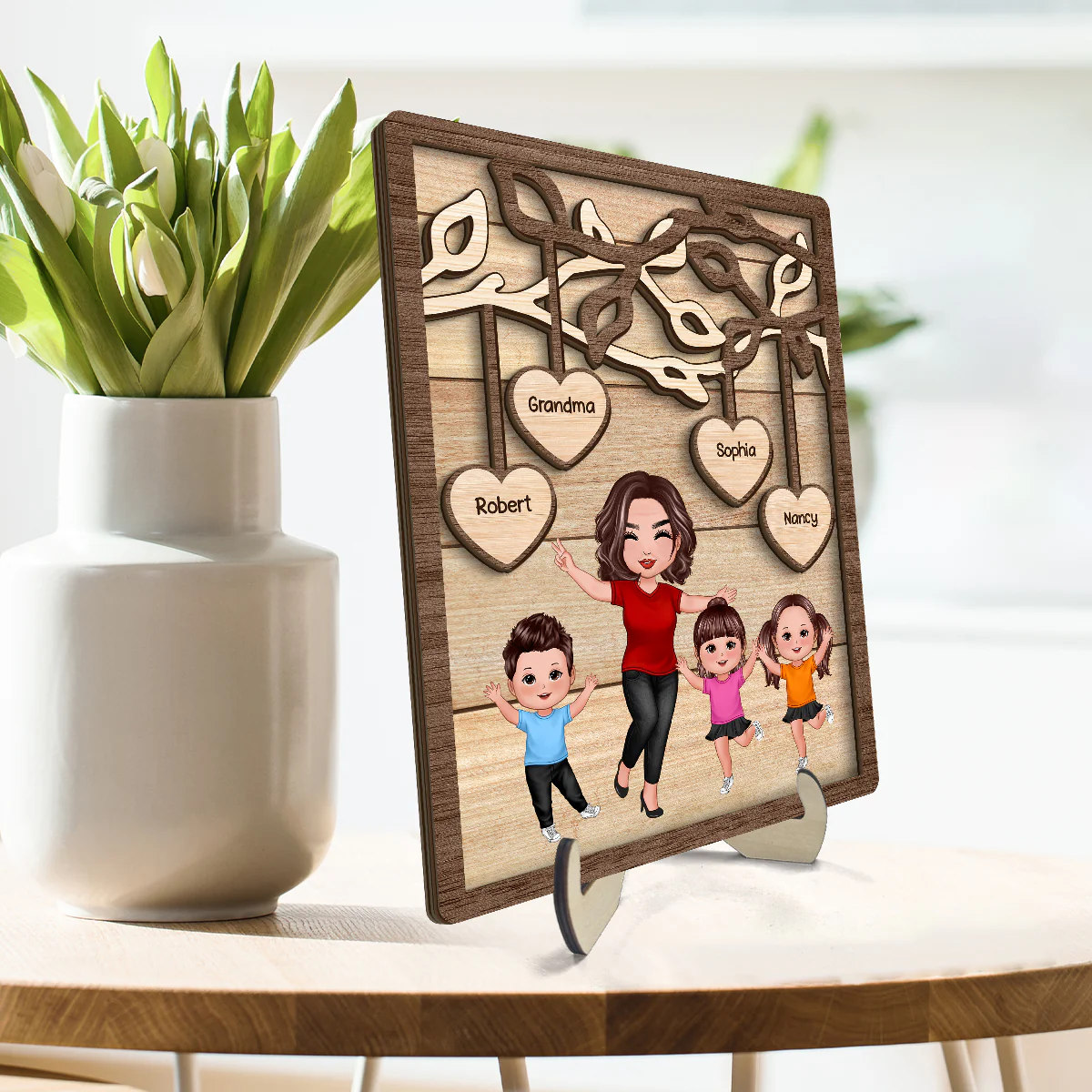 Happy Grandma Grandkids Under Tree Personalized 2-layer Wooden Plaque - Image 3