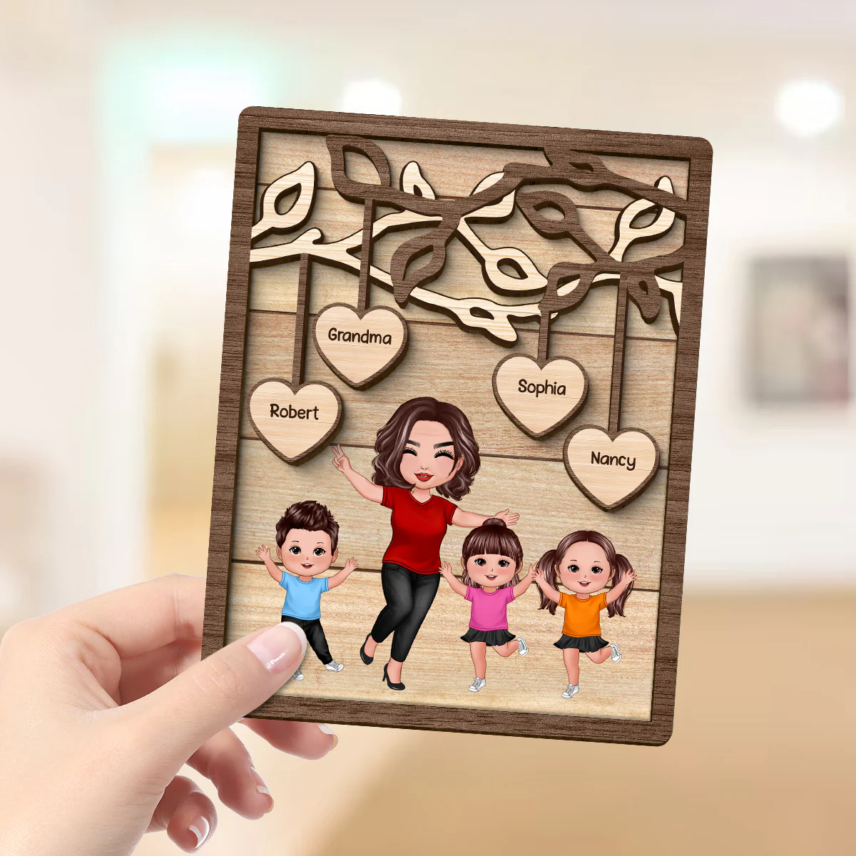 Happy Grandma Grandkids Under Tree Personalized 2-layer Wooden Plaque - Image 4