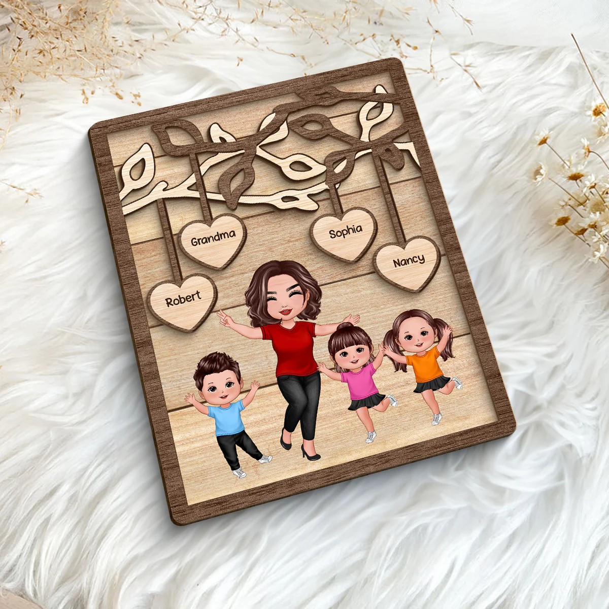 Happy Grandma Grandkids Under Tree Personalized 2-layer Wooden Plaque - Image 5
