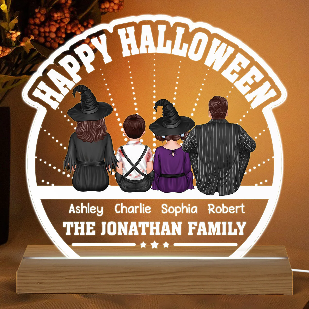 Happy Halloween Back View Family Personalized Custom Shaped Acrylic Plaque With LED Night Light - Image 2