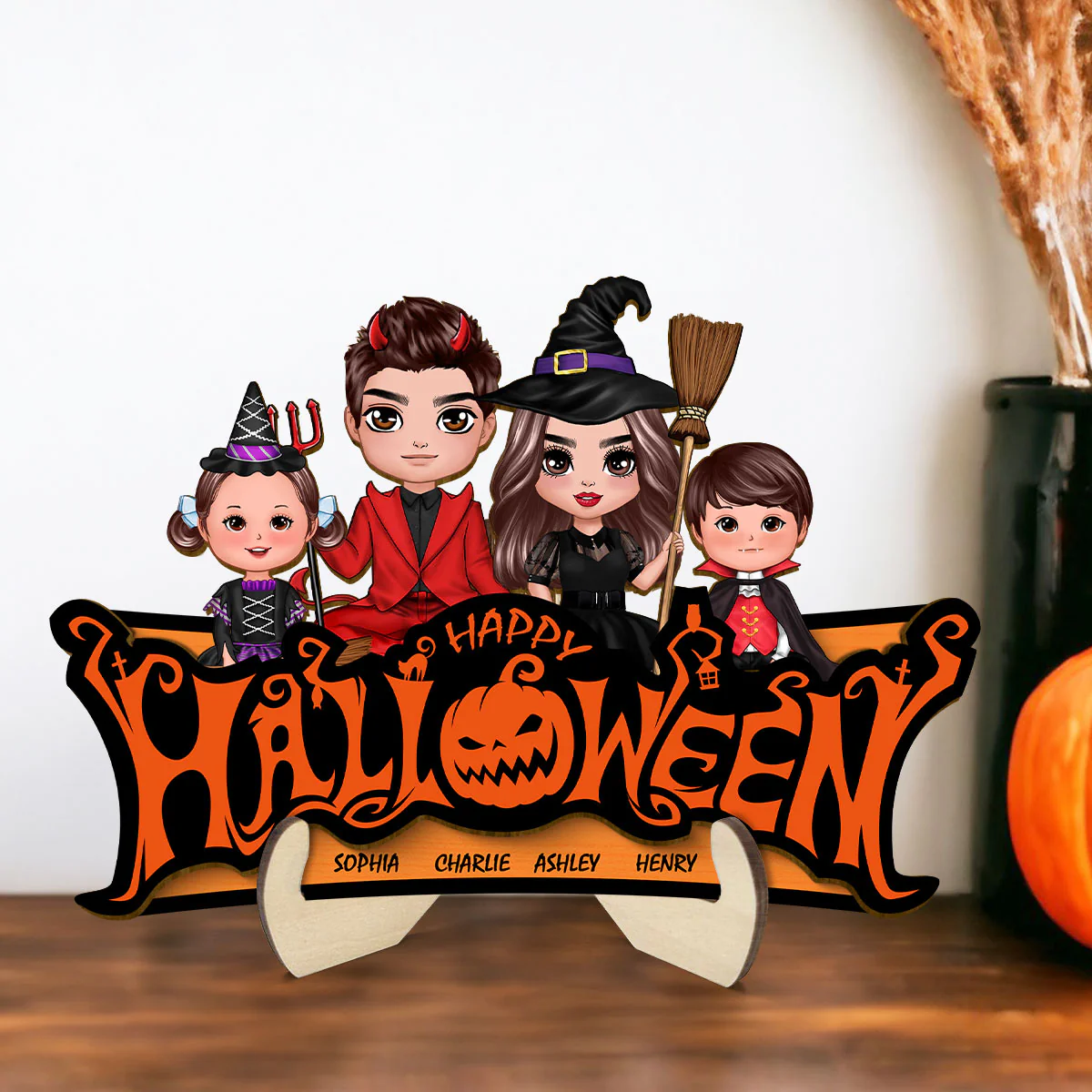 Happy Halloween Jack O Lantern Spooky, Family Sitting - Personalized 2-Layered Wooden Plaque