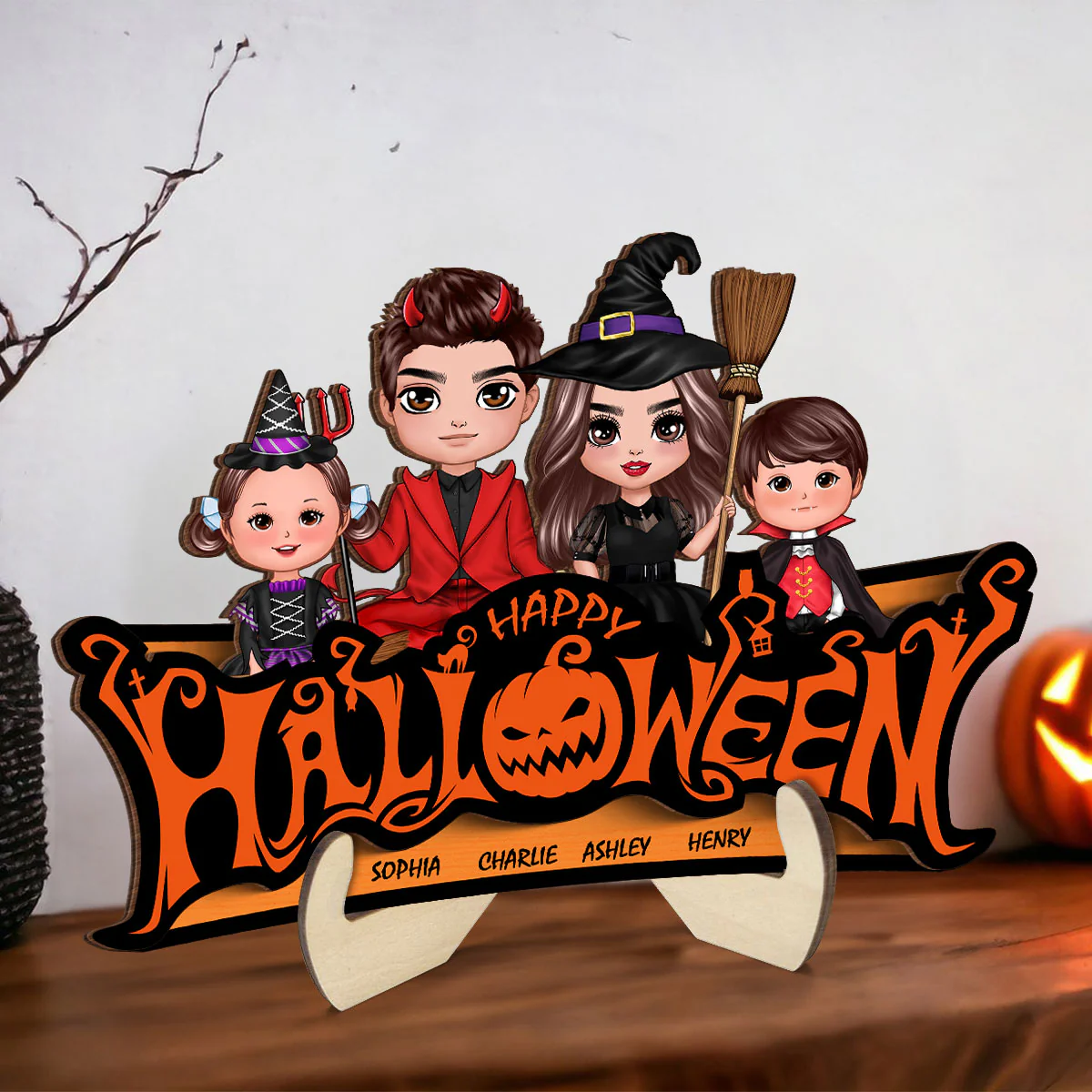 Happy Halloween Jack O Lantern Spooky, Family Sitting - Personalized 2-Layered Wooden Plaque - Image 3