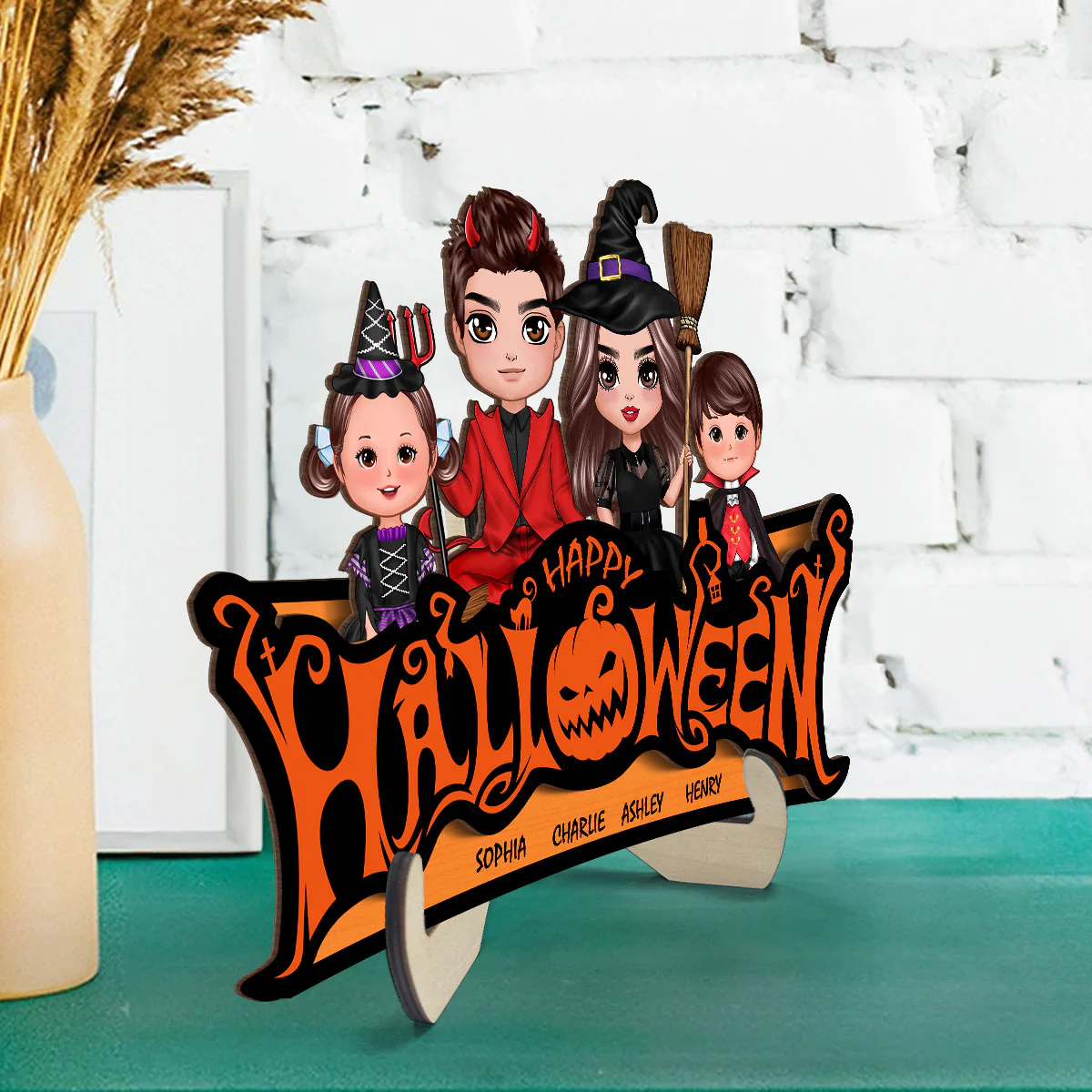Happy Halloween Jack O Lantern Spooky, Family Sitting - Personalized 2-Layered Wooden Plaque - Image 6