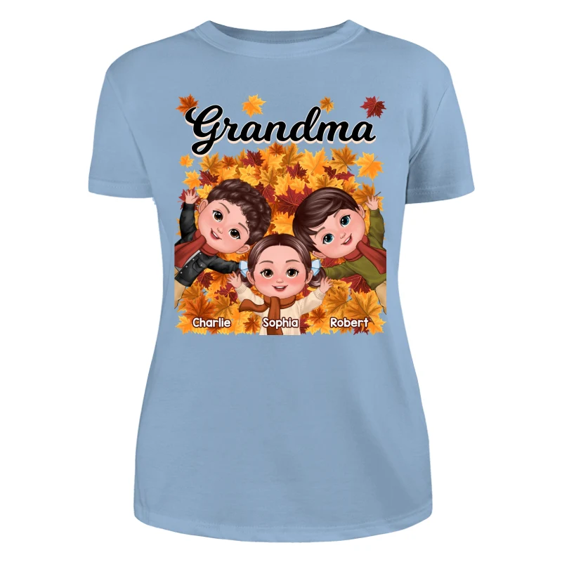 Happy Kids Laying On Fall Leaves Grandma Mom Personalized Shirt - Image 12