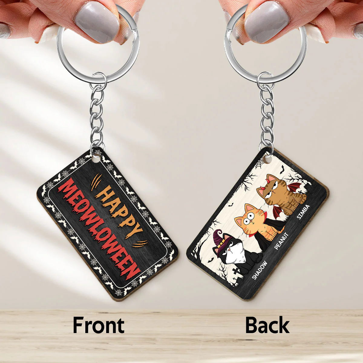 Happy Meowloween Fluffy Funny Cats Expressions Personalized Wooden Keychain - Image 3