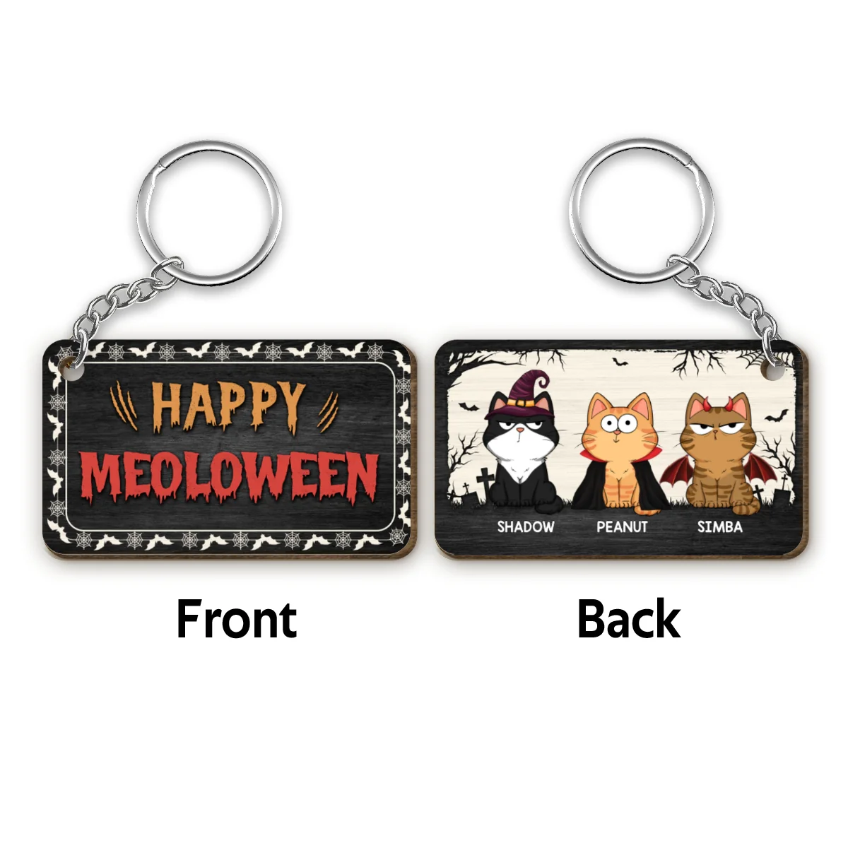 Happy Meowloween Fluffy Funny Cats Expressions Personalized Wooden Keychain - Image 4