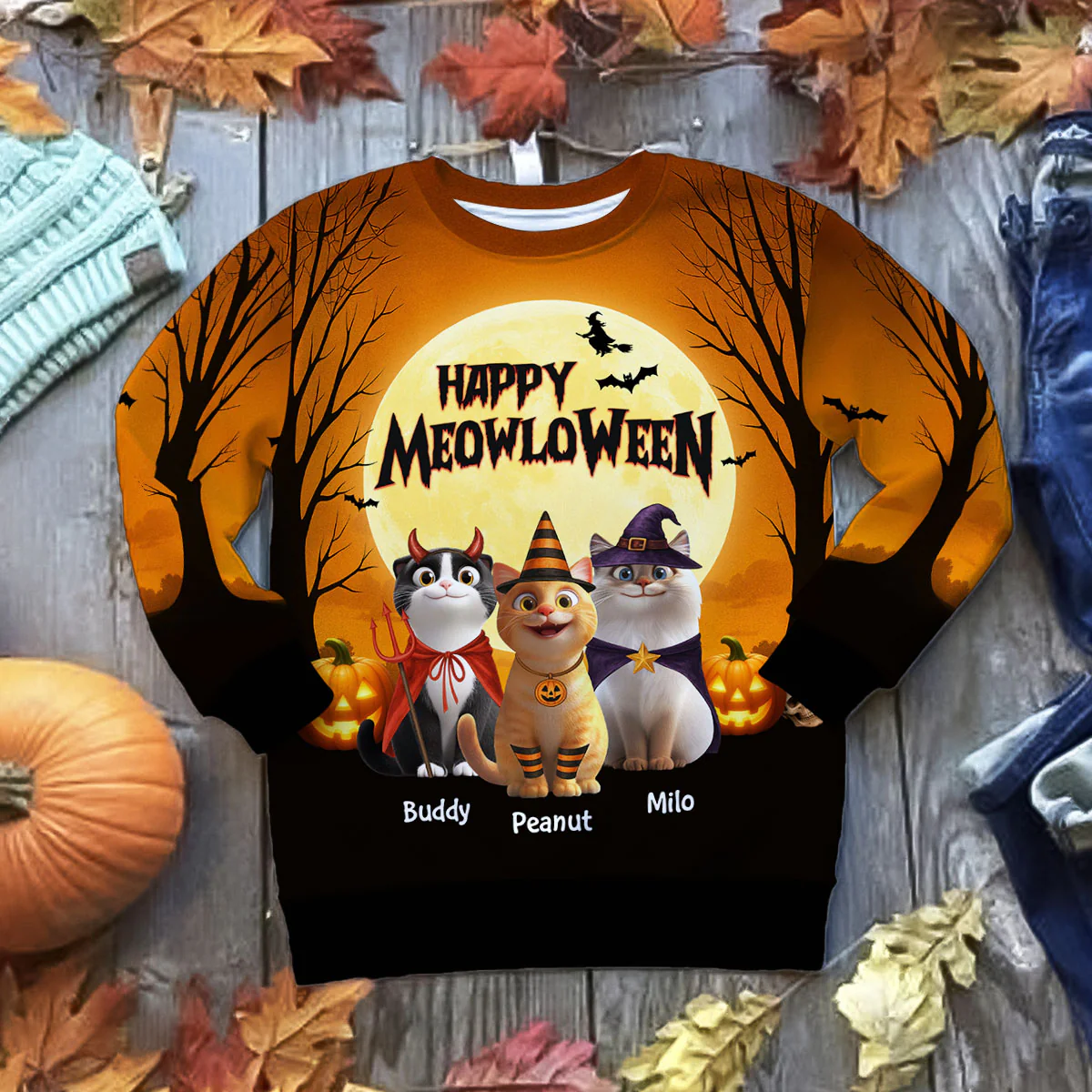 Happy Meowloween Personalized 3D Sweatshirt, Halloween Costume for Cat Lovers - Image 4