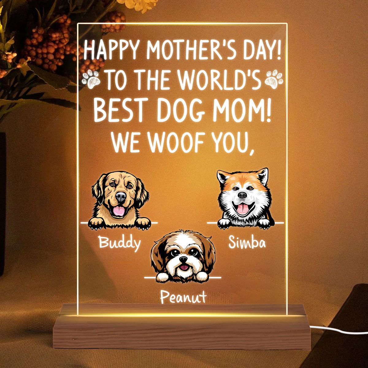 Happy Mother‘s Day Best Dog Mom Personalized Rectangle LED Night Light - Image 2