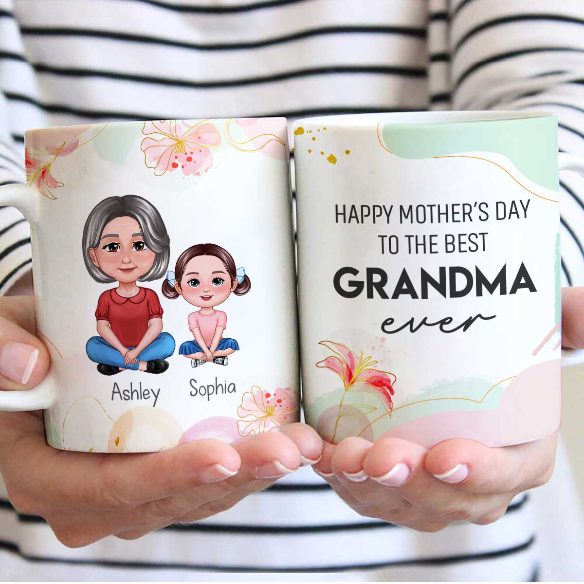 Happy Mother‘s Day Best Grandma Ever Pretty Woman & Kids Watercolor Abstract Personalized Mug - Image 3