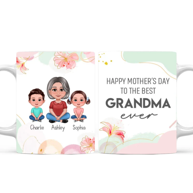 Happy Mother‘s Day Best Grandma Ever Pretty Woman & Kids Watercolor Abstract Personalized Mug - Image 4