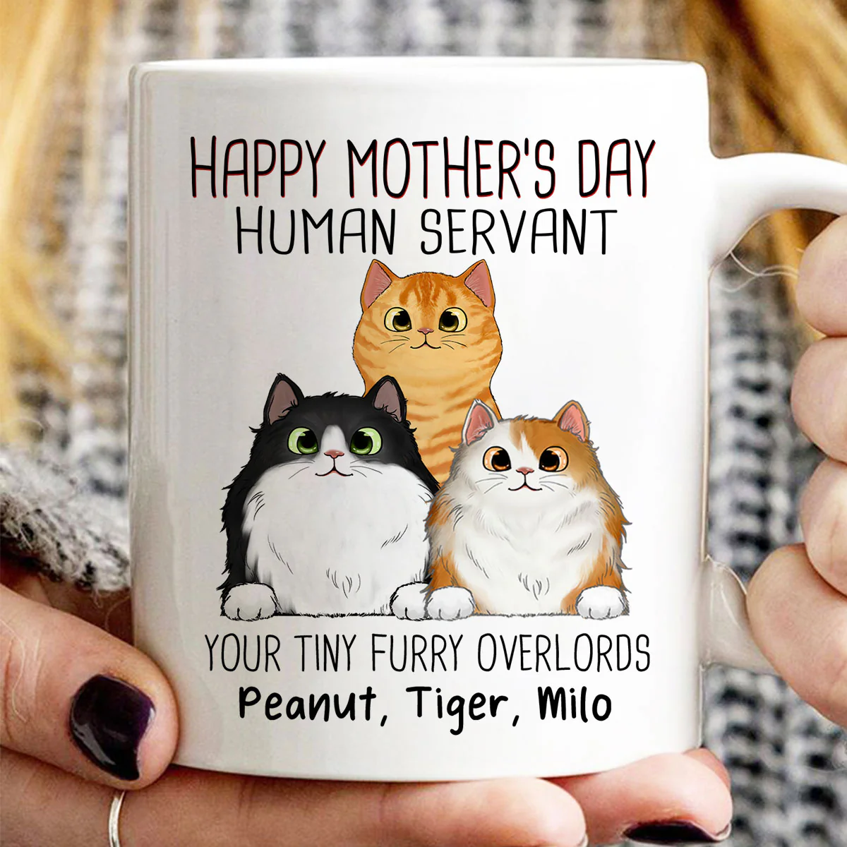 Happy Mother‘s Day Cat Human Servant Peeking Fluffy Cats Personalized Mug - Image 3
