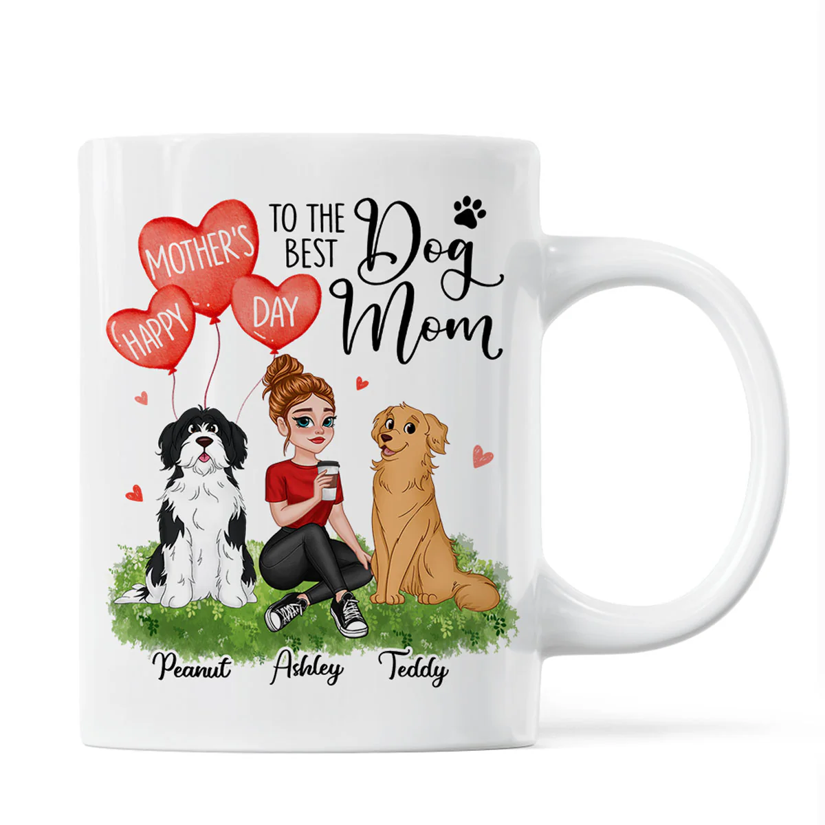 Happy Mother‘s Day Dog Mom Pretty Cartoon Woman Sitting Dogs Hearts Personalized Mug