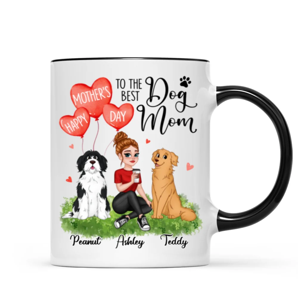 Happy Mother‘s Day Dog Mom Pretty Cartoon Woman Sitting Dogs Hearts Personalized Mug - Image 5