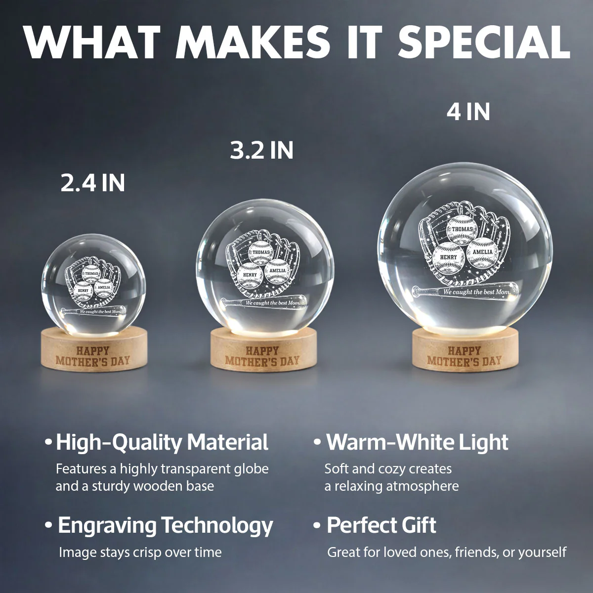 Happy Mother's Day Baseball Mom - Personalized Crystal Ball LED Night Light - Mother's Day Gift for Mom, Wife - Image 7