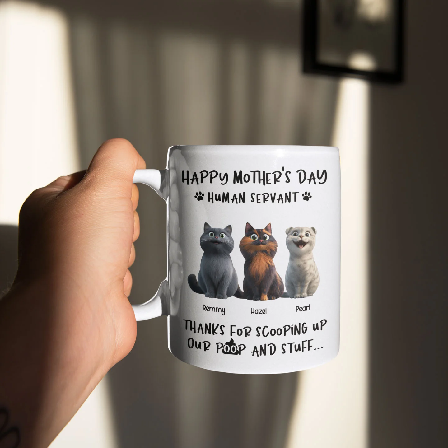 Happy Mother's Day Cat Mom, Thanks for Scooping My Poop, Personalized Stainless Steel Tumbler With Handle - Image 5