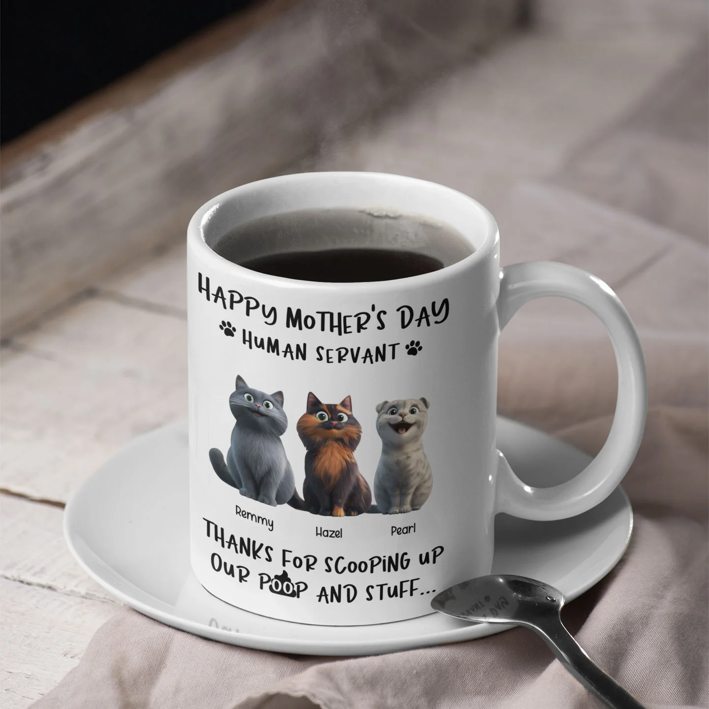 Happy Mother's Day Cat Mom, Thanks for Scooping My Poop, Personalized Stainless Steel Tumbler With Handle - Image 6