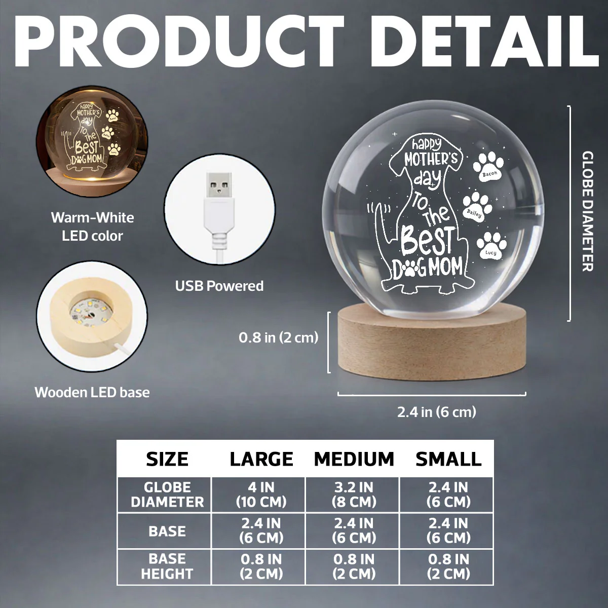 Happy Mother's Day Dog Mom - Personalized Crystal Ball LED Night Light - Heartfelt Mother's Day Gift for Wife - Image 7