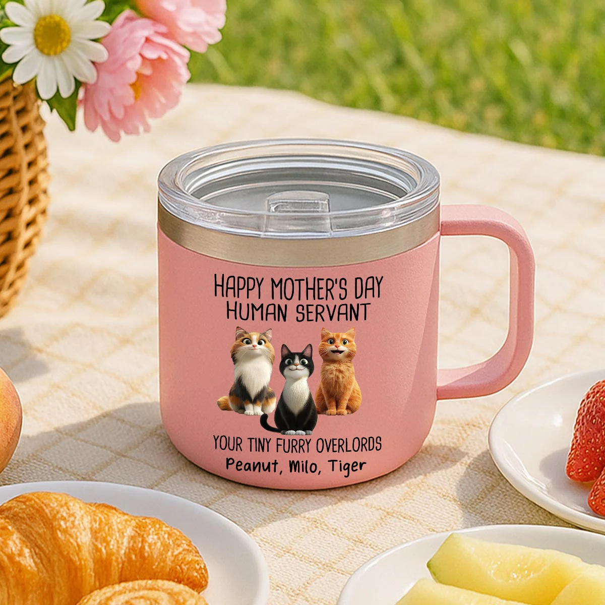 Happy Mother's Day Father's Day Human Servant Cartoon Funny Cats Personalized Stainless Steel Tumbler With Handle - Image 3