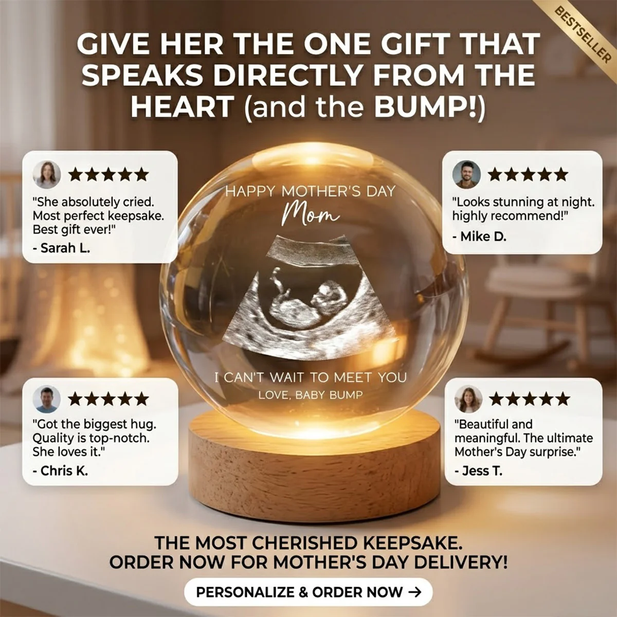 Happy Mother's Day From The Bump Custom Photo - Personalized Crystal Ball LED Night Light - First Mother's Day Gift For Pregnancy Mom - Image 3